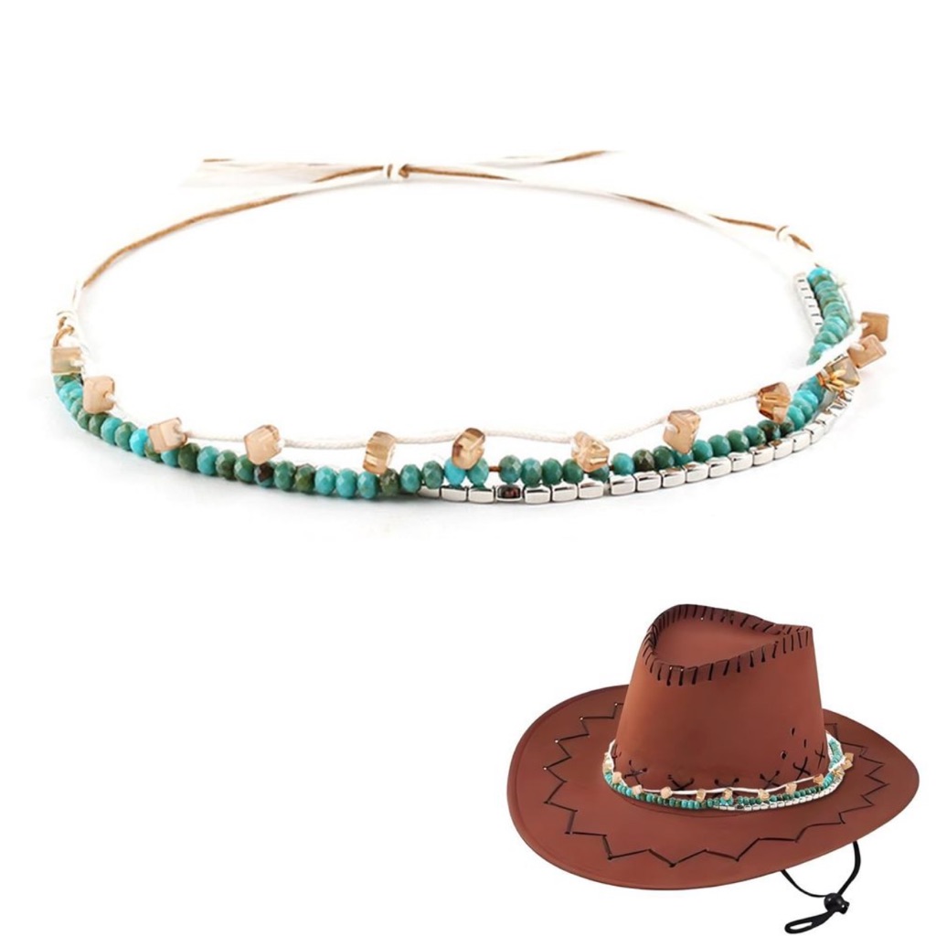 Cowboy Hat Bands For Women Turquoise Beaded Hatband With Ribbon For Straw Hats